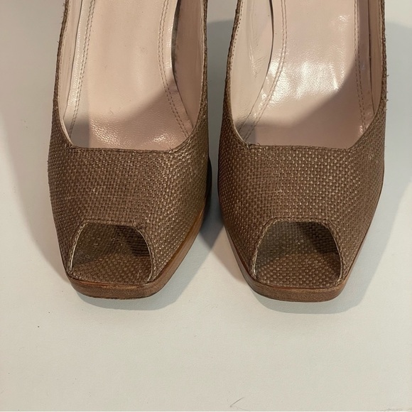 Sergio Rossi Brown Pearlized Linen Fabric Open Toe Heel Slip On Pump  Shoe Sz 36 - Picture 2 of 10
